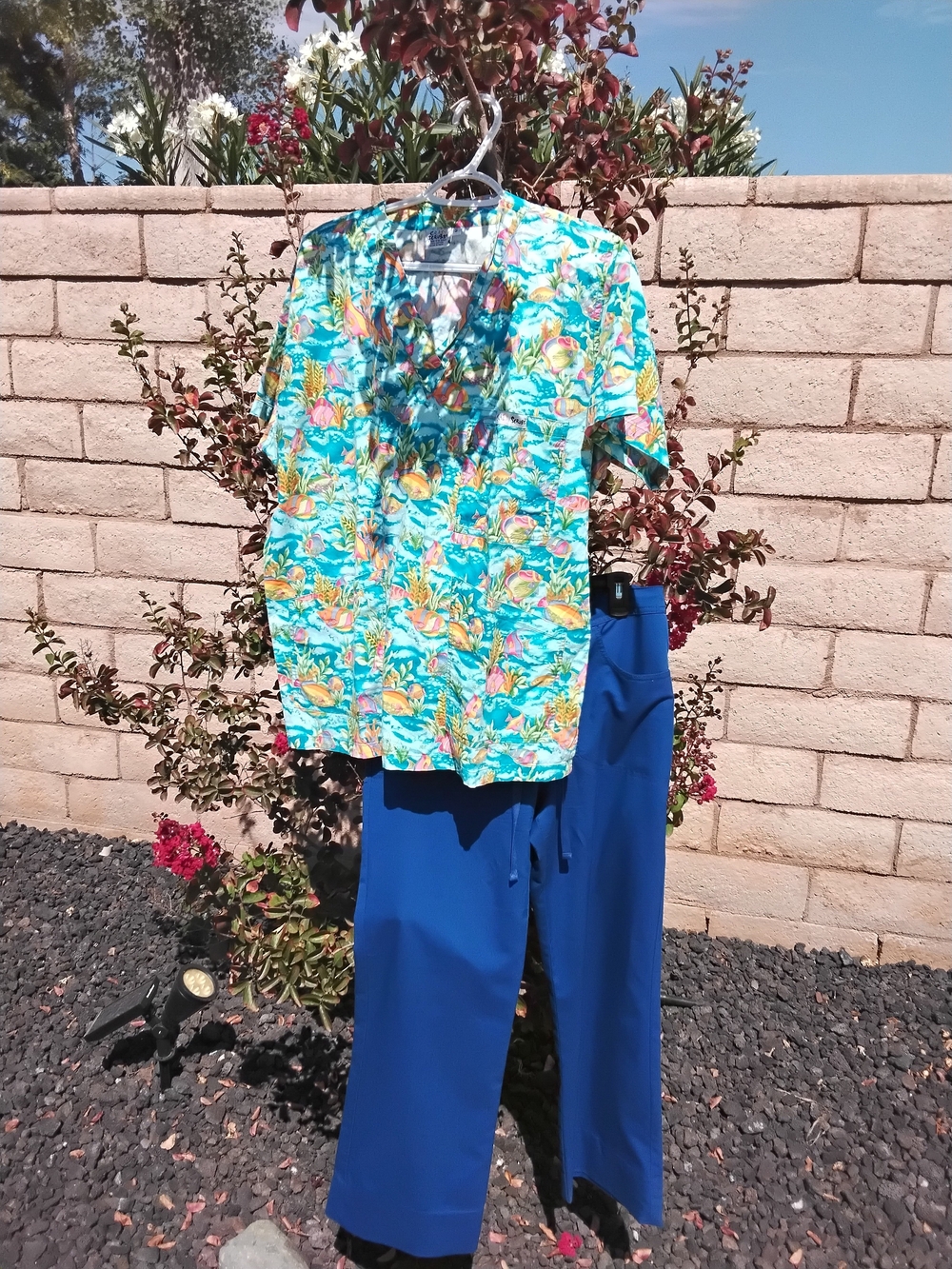 Tropical Print V-Neck Scrub Top with Royal Blue Scrub Pants